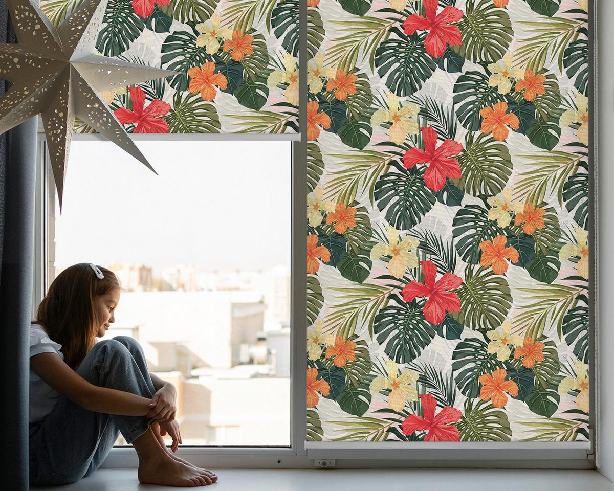 INNENROLLO - Fensterrollo - Rollo - 100x100 cm - Tropische Blumen und Blätter - Rot, Kunststoff (100/100/0.5cm) - TULUP