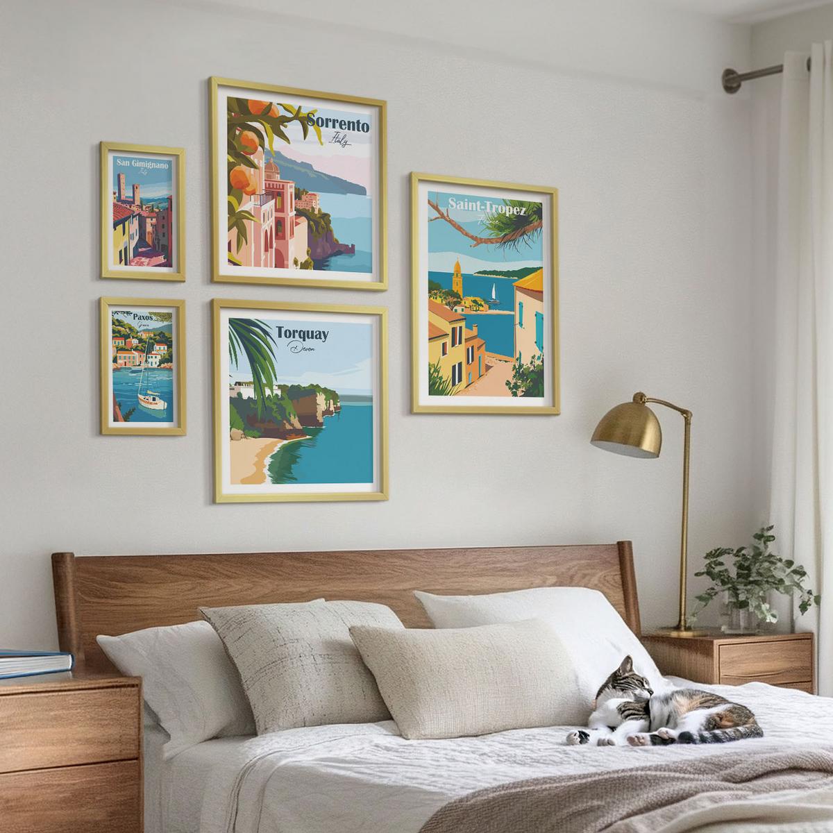 BILDER SET 5er Set - 50x50 cm & 20x30 cm & 40x60 cm Goldrahmen - Retro-Illustrationen von Weltstädten - Goldfarben, Kunststoff (40/60cm) - TULUP