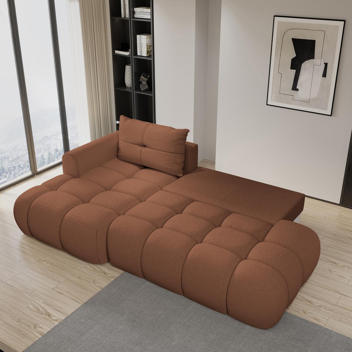 ECKSOFA FLUMA L-S Kupferfarben Boucle-Stoff mit Schlaffunktion - Kupferfarben, Holz (279/158cm) - MASSENO