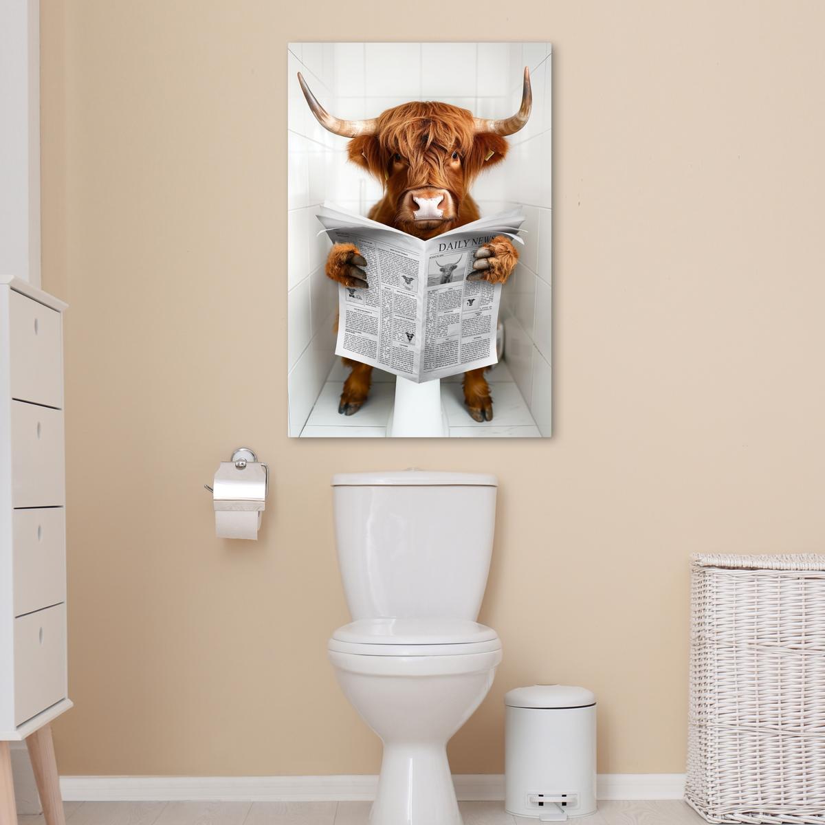 LEINWANDBILD Schottischer Highlander - Tier - Zeitung - Toilette Wanddeko Schlafzimmer 60x90 cm - Kastanienfarben, Textil (60/90cm) - MuchoWow