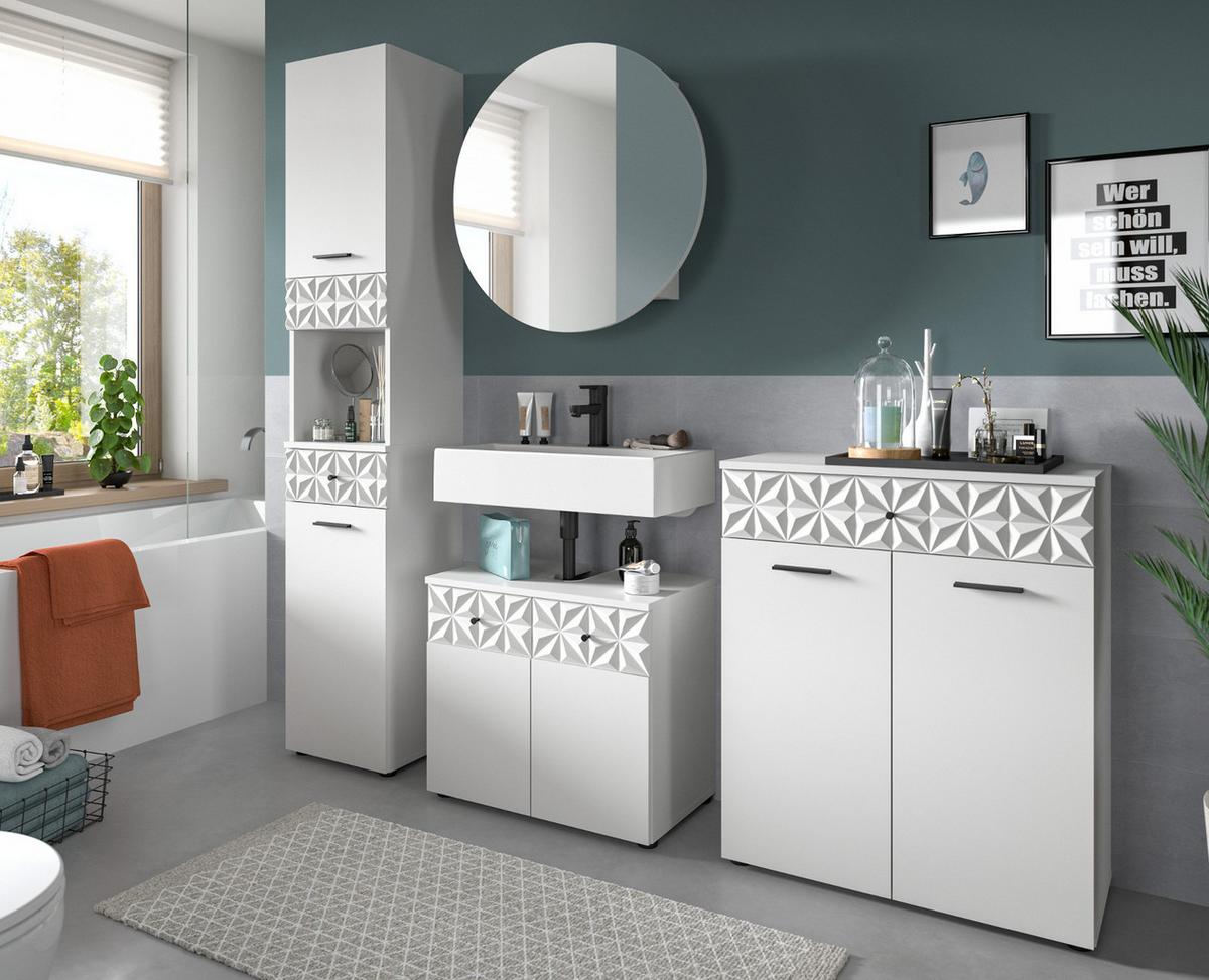 BADMÖBEL-SET weiß Hochglanz 2-teilig 70 cm, Komplettset mit 3D-Struktur - Weiß Hochglanz, Glas/Holzwerkstoff (70/187/37cm) - Inn.Furn