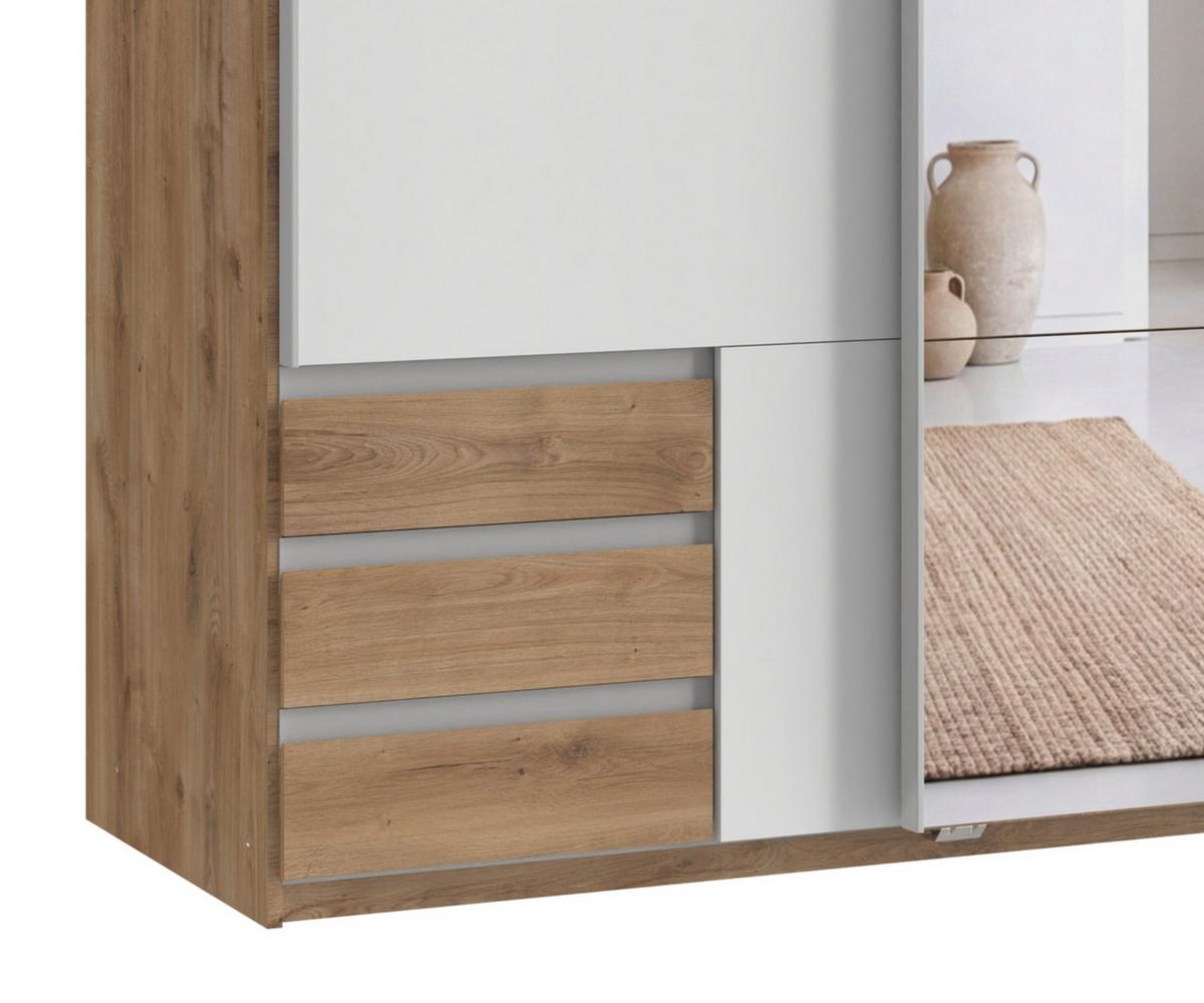 SCHWEBETÜRENSCHRANK 2-türig B135/H198/T65 cm, Kleiderschrank mit Spiegel & sichtbaren Schubkästen in Eiche Dekor, 1x Tür in Weiß / 22677 - Eichefarben/Alufarben, Holz/Holzwerkstoff (135/198/65cm) - luma-home