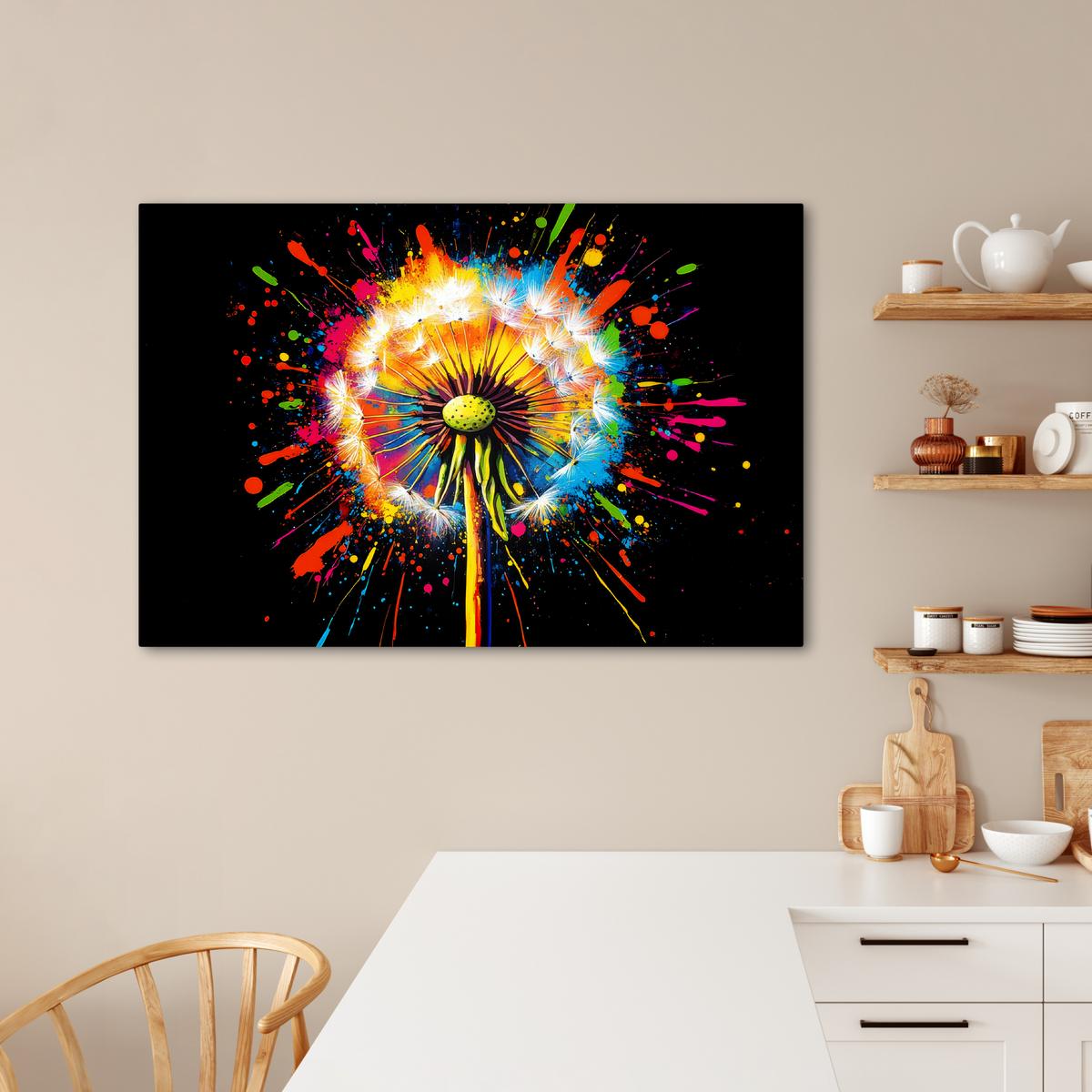 LEINWANDBILD Löwenzahn - Graffiti - Farbenfroh - Blumen - Natur Wohnzimmer Groß 120x80 cm - Multicolor, Textil (120/80cm) - MuchoWow