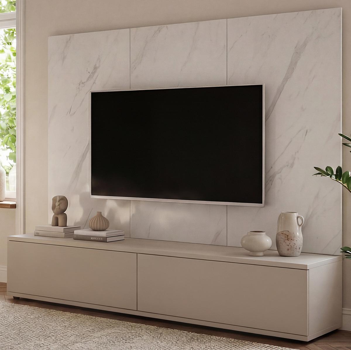 TV-LOWBOARD kaschmir, Marmor weiß 180 cm, TV Unterschrank Set mit Wandpaneel und Push-to-Open - Kaschmir/Weiß, Holzwerkstoff (180/155/45cm) - Inn.Furn