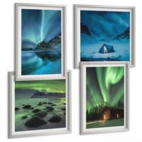 BILDER SET 4er Set - 50x50 cm & 40x60 cm Silberner Rahmen - Winterlandschaften, Nordlichter, Berge - Silberfarben, Kunststoff (50/50cm) - TULUP