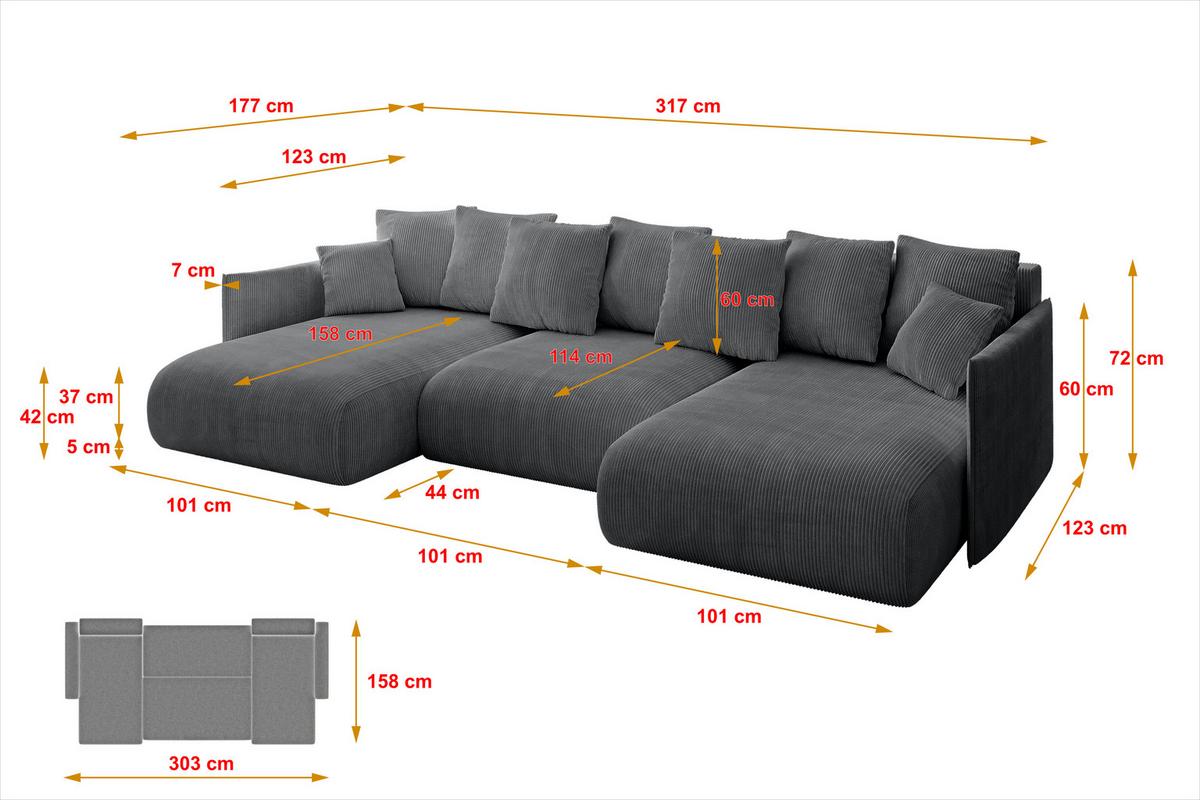 WOHNLANDSCHAFT mit Schlaffunktion und Bettkasten ONESK-U 317x177x72 Dunkelgrau Cord - Dunkelgrau, Holzwerkstoff/Kunststoff (317/72/177cm) - ALTDECOR