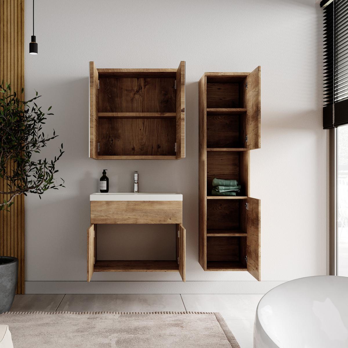 BADMÖBEL-SET Montreal 4 Teile Spiegelschrank Kastanien Eiche - 60 x 35 x 51 cm - Kastanienfarben/Eichefarben, Holz (60/51/35cm) - Badplaats
