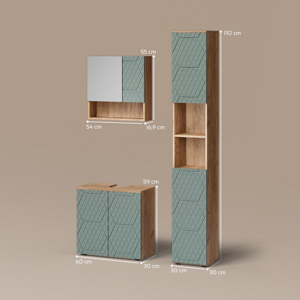 BADMÖBEL-SET Ronco Grün/Goldkraft Eiche 3 Teile, mit Hochschrank - Honigeiche/Grün, Holzwerkstoff (60/59/30cm) - Livinity®