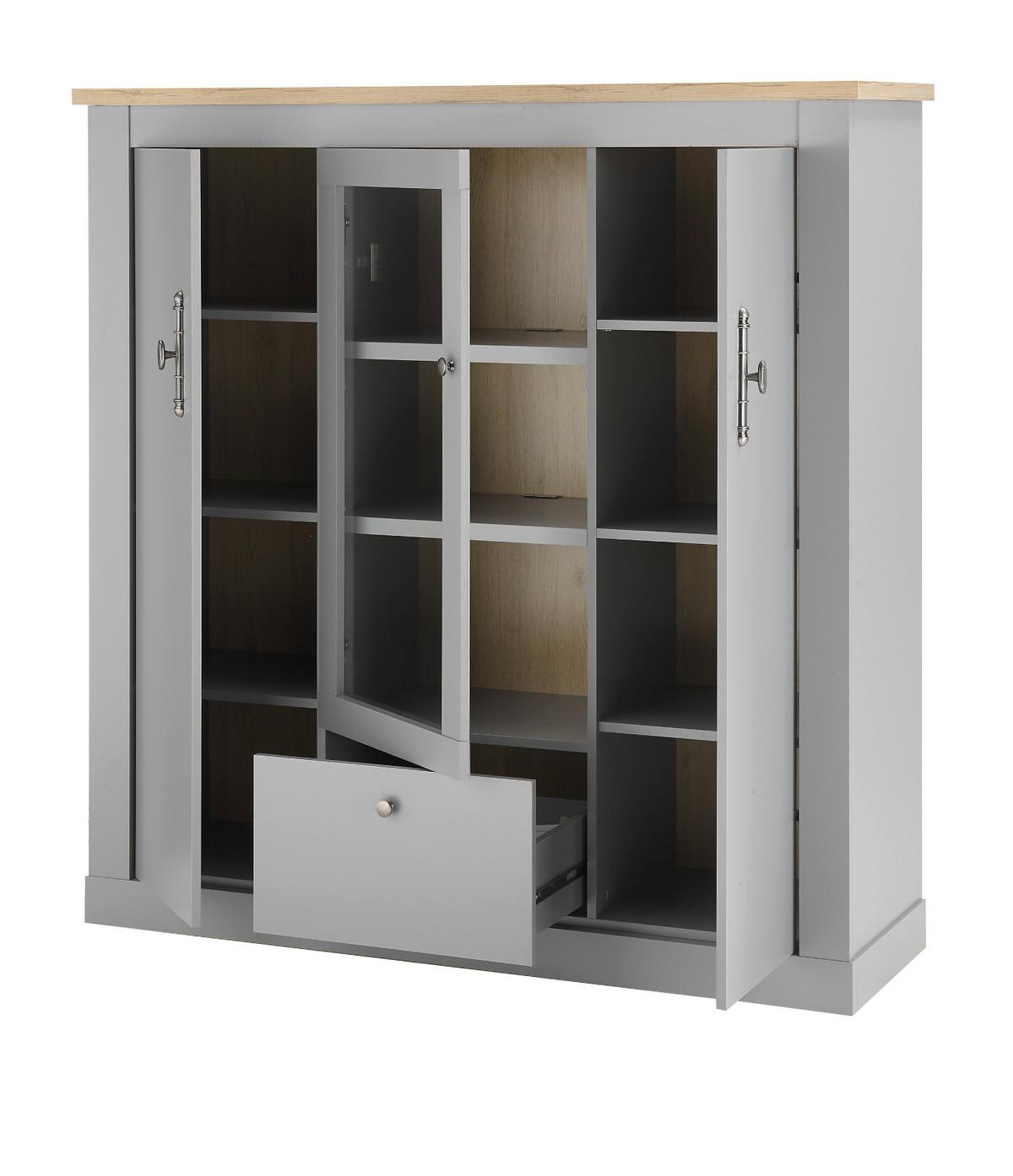 HIGHBOARD grau, Artisan Eiche Landhaus 138 cm, Vitrine mit 11 Fächern - Silberfarben/Hellgrau, Glas/Holzwerkstoff (138/142/44cm) - Furn.Design