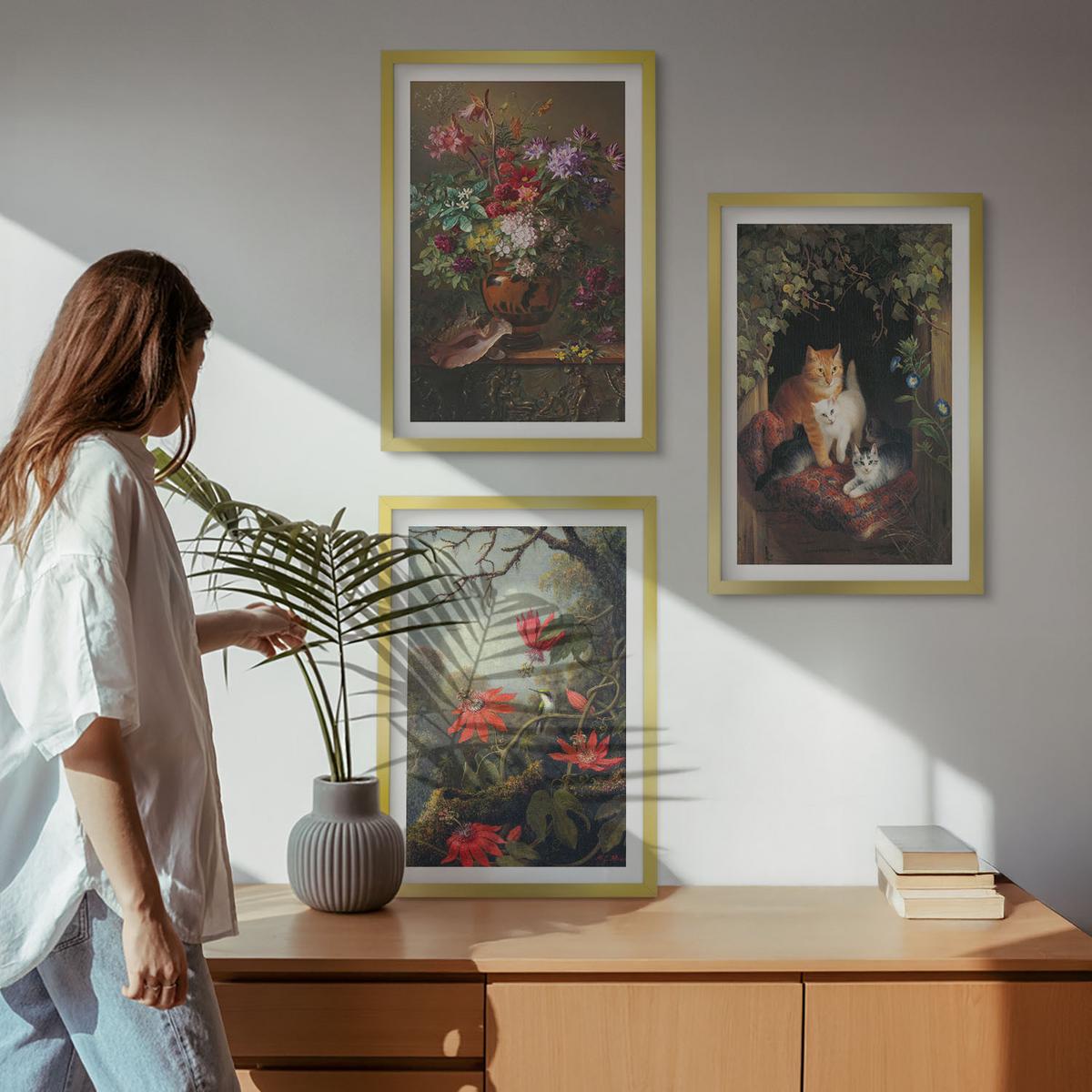 BILDER SET 3er Set - 40x60 cm Goldrahmen - Vintage-Blumen, Katzen, Natur - Goldfarben, Kunststoff (40/60cm) - TULUP