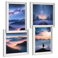 BILDER SET 4er Set - 50x50 cm & 40x60 cm Weißer Rahmen - Nachthimmel Berge Nebel Hirsch - Weiß, Kunststoff (50/50cm) - TULUP