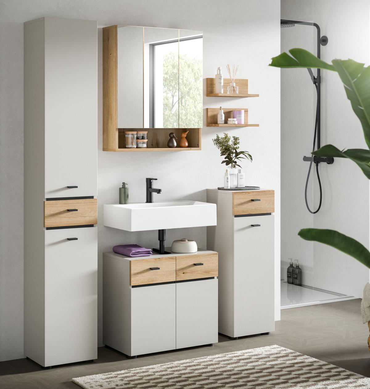 BADMÖBEL-SET Kaschmir, Evoke Eiche 2-teilig 60 cm, Badkombination in modernem Design - Kaschmir/Eichefarben, Glas/Holzwerkstoff (60/191/35cm) - Inn.Furn