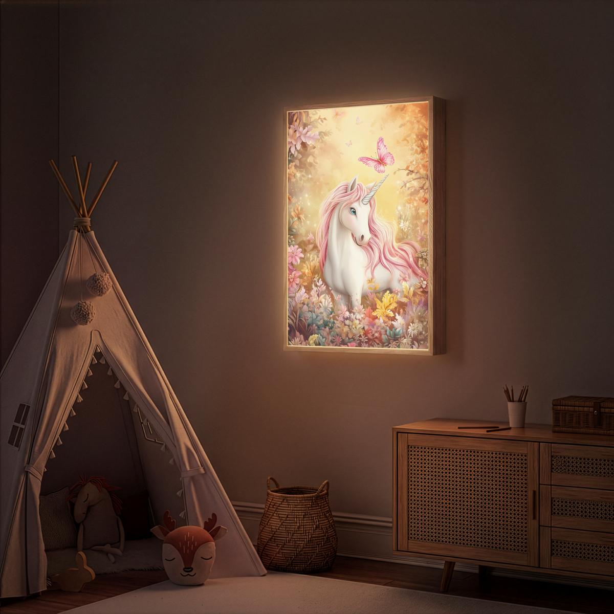 WANDLEUCHTE MIT AKKU Einhorn - Blumen - Schmetterling - Rosa 60x90 cm - Beige, Holzwerkstoff (60/90/8cm) - OnlyWow