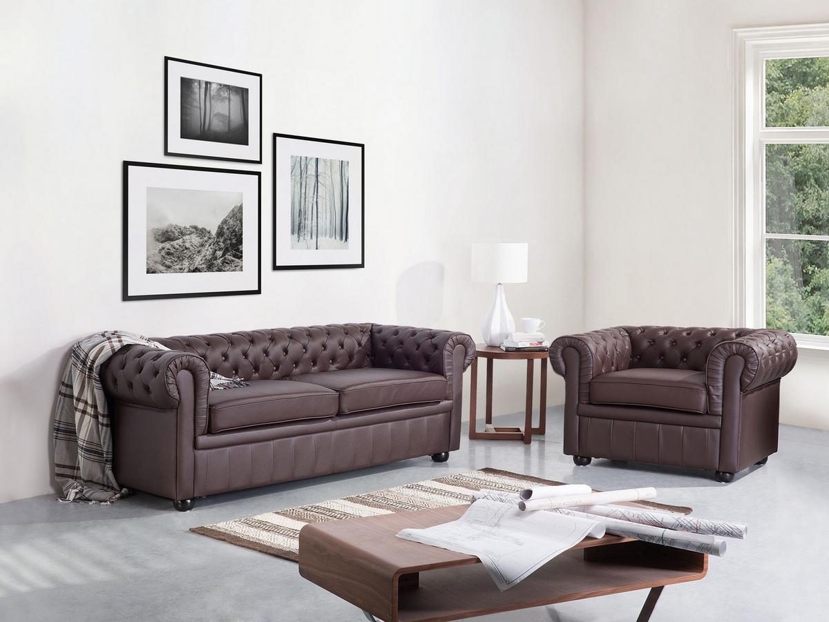 SOFA Leder Braun Chesterfield - Dunkelbraun, Leder/Fell (195/70/75cm) - Beliani