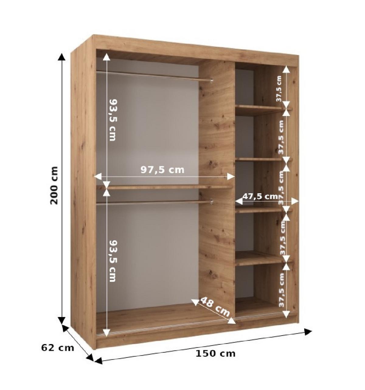 SCHWEBETÜRENSCHRANK 200/150/62 2-türig - Silberfarben/Weiß, Holz/Kunststoff (150/200/62cm) - MÖBEL KRYSPOL