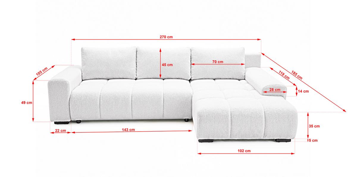 ECKSOFA Ovia mit Bettkasten und Schlaffunktion, Bouclé-Stoff in L-Form - Weiß, Textil (270/185cm)