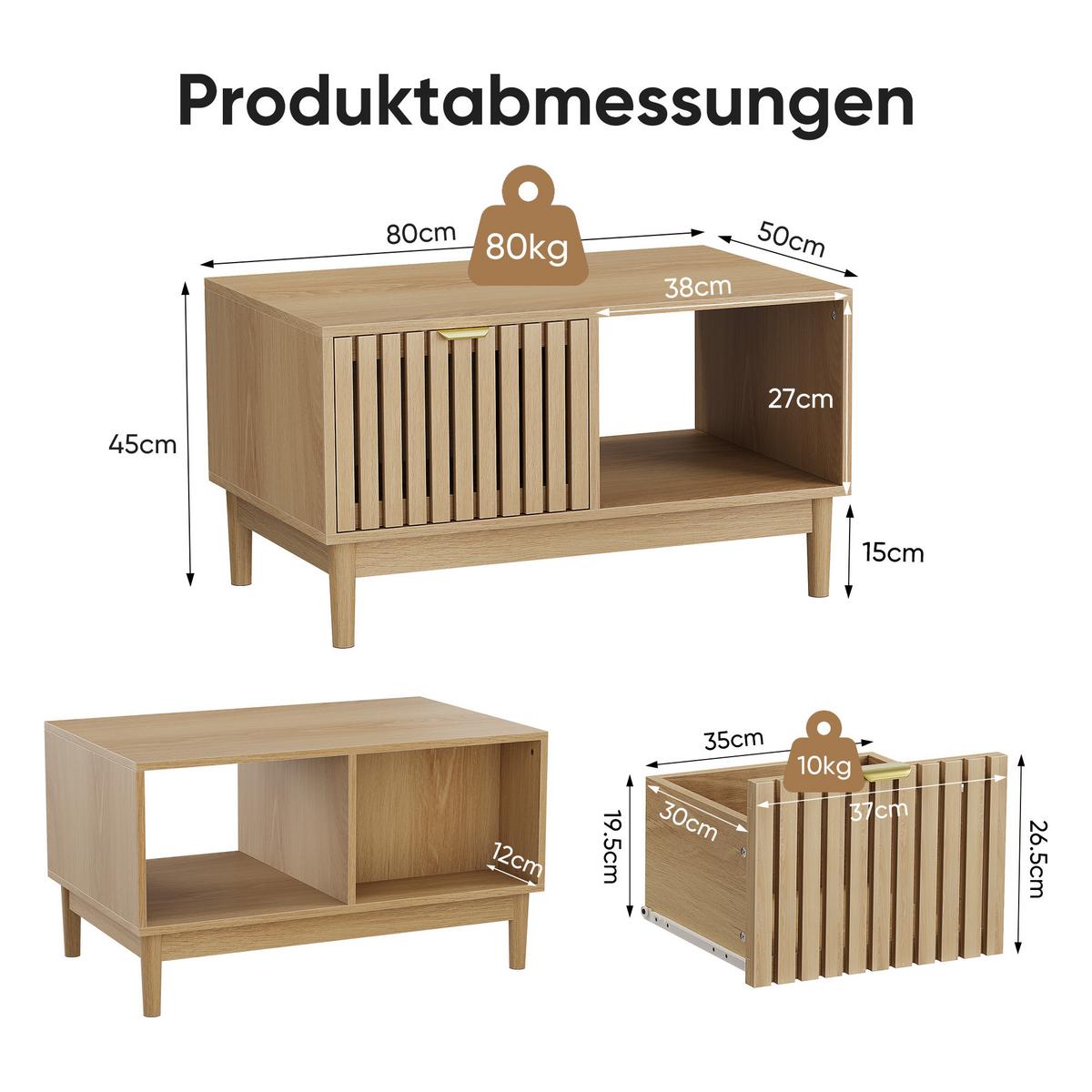 COUCHTISCH holzoptik & gitter-design mit schublade & offenen fächern - Eichefarben, Holzwerkstoff (50/80/45cm) - Urban Meuble