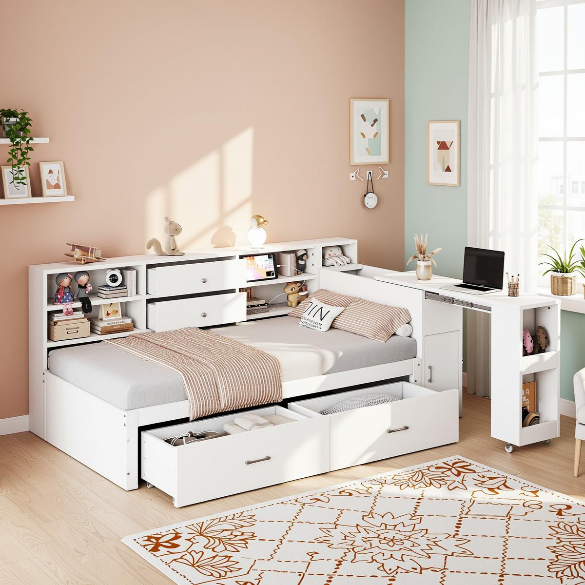 SCHLAFSOFA Multifunktionsbett 90x200 mit ausziehbarem Schreibtisch - Weiß, Holzwerkstoff (90/200cm) - Urban Meuble