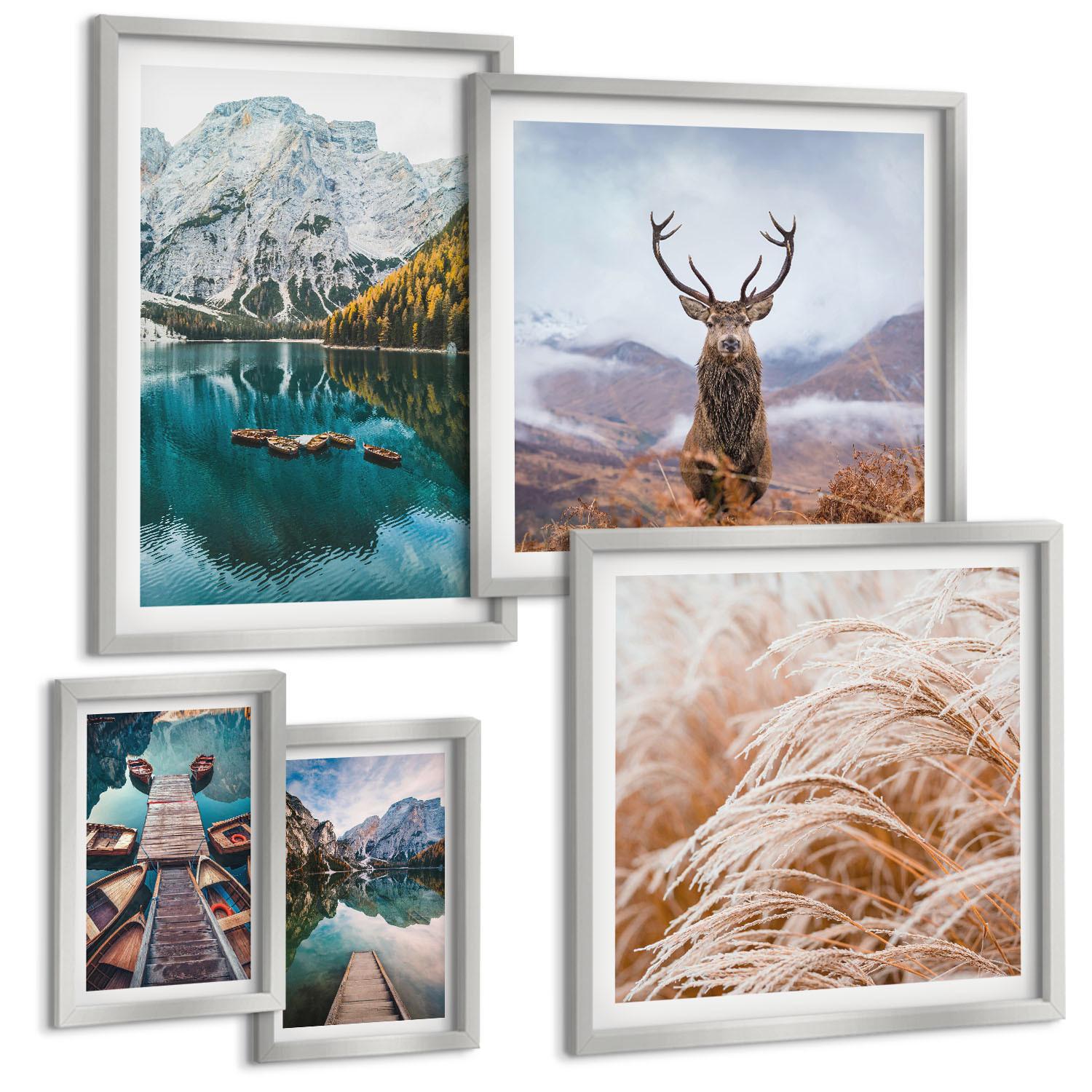 BILDER SET 5er Set - 50x50 cm & 20x30 cm & 40x60 cm Silberner Rahmen - Architektur der Kanäle von Venedig - Silberfarben, Kunststoff (40/60cm) - TULUP
