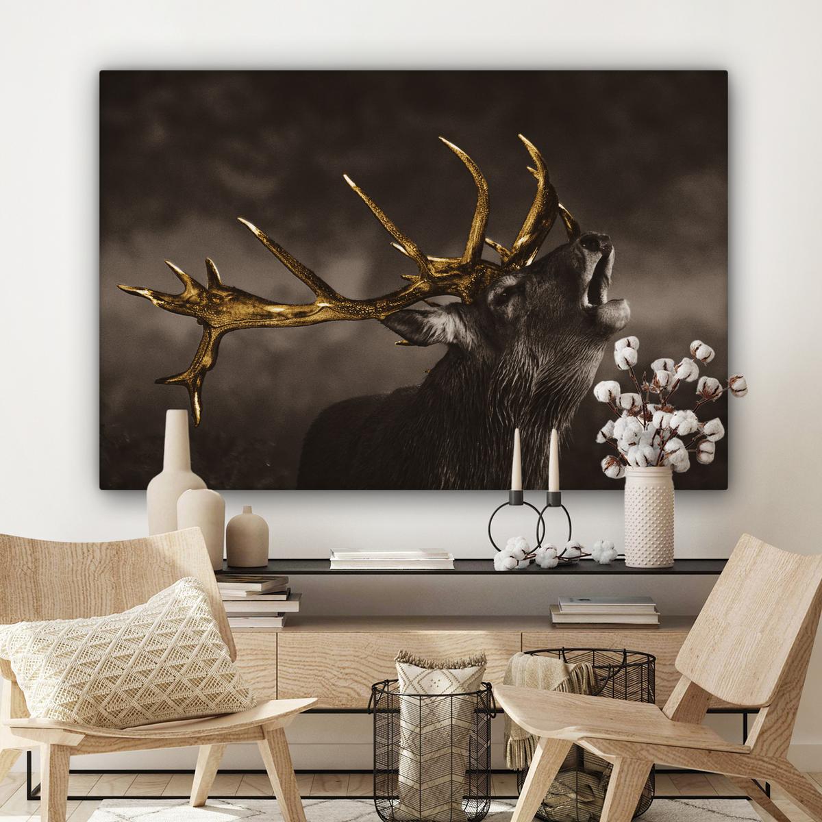 LEINWANDBILD Rotwild - Schwarz - Gold Wohnzimmer Groß 120x80 cm - Braun, Textil (120/80cm) - MuchoWow