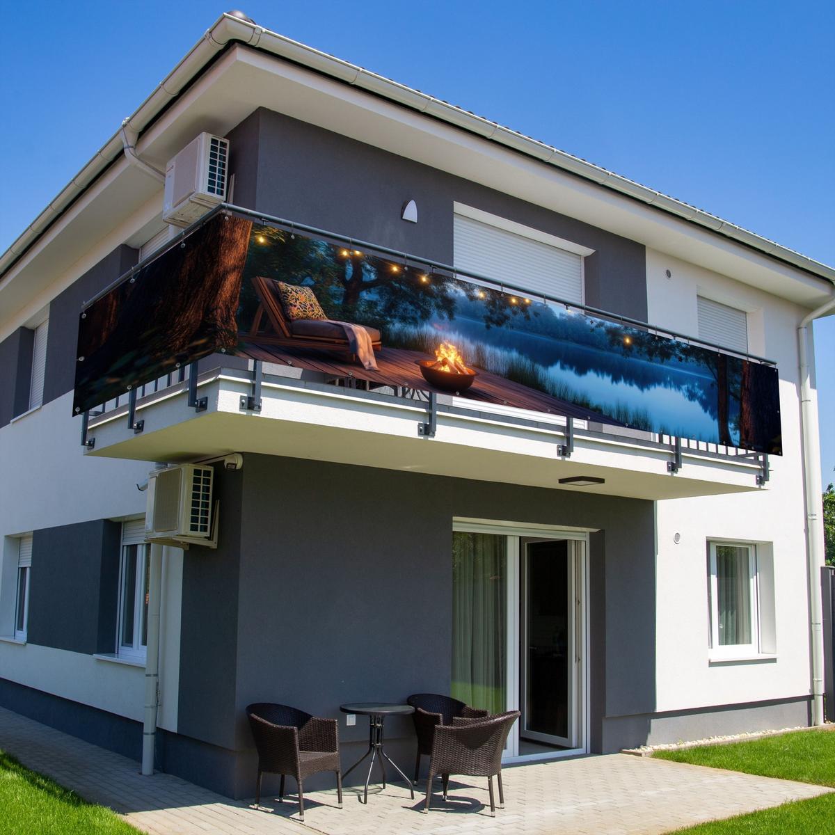 BALKON-SICHTSCHUTZ Lagerfeuer - See - Abendlicht Groß 500x80 cm - Dunkelblau, Kunststoff (500/80cm) - MuchoWow