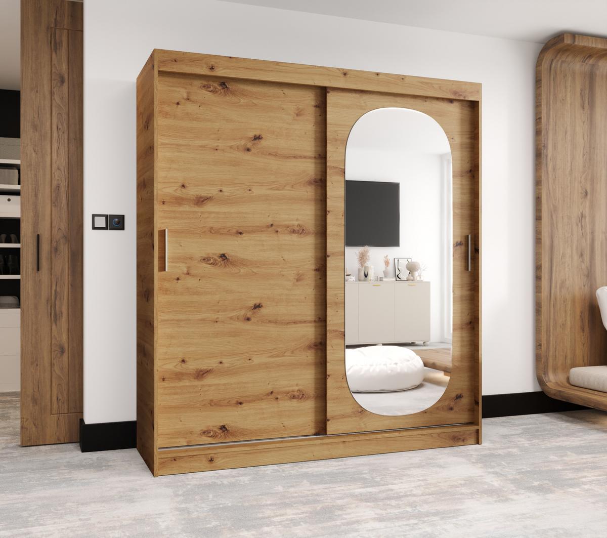 SCHIEBETÜRENSCHRANK mit Spiegel ROYAL 200/180/62 2-türig - Silberfarben/Eiche Artisan, Holz (180/62/180cm) - MÖBEL KRYSPOL