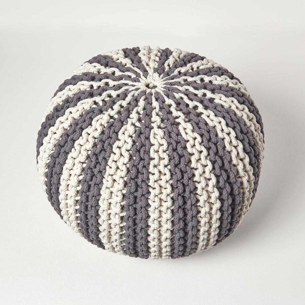STRICKPOUF rund, grau-creme gestreift, 50/50/40 cm - Grau, Textil (50/40/50cm) - Homescapes
