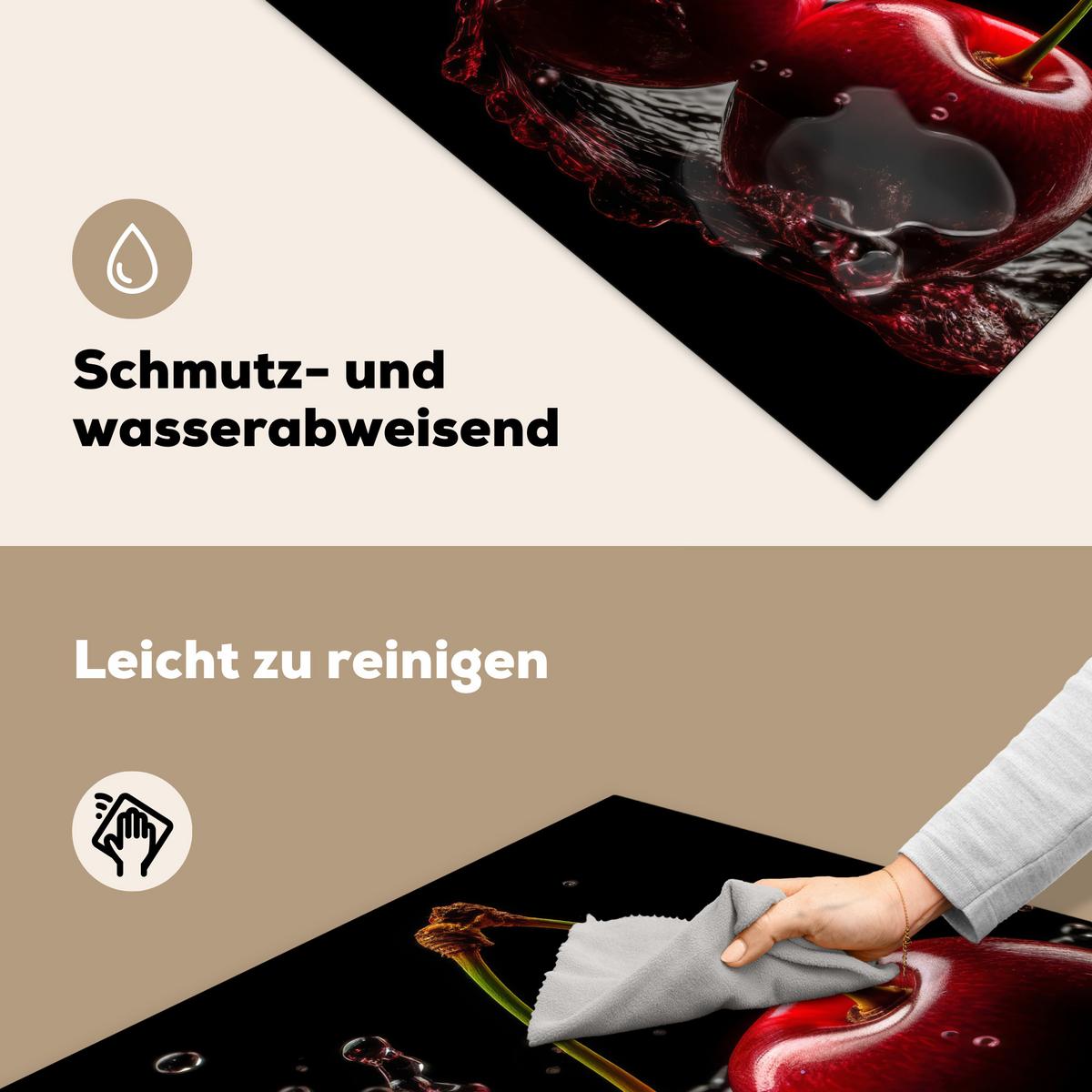 HERDABDECKPLATTE Kirsche - Rot - Frucht - Wasser - Schwarz Induktionsmatte 78x78 cm - Kirschrot, Kunststoff (78/78/0.2cm) - MuchoWow