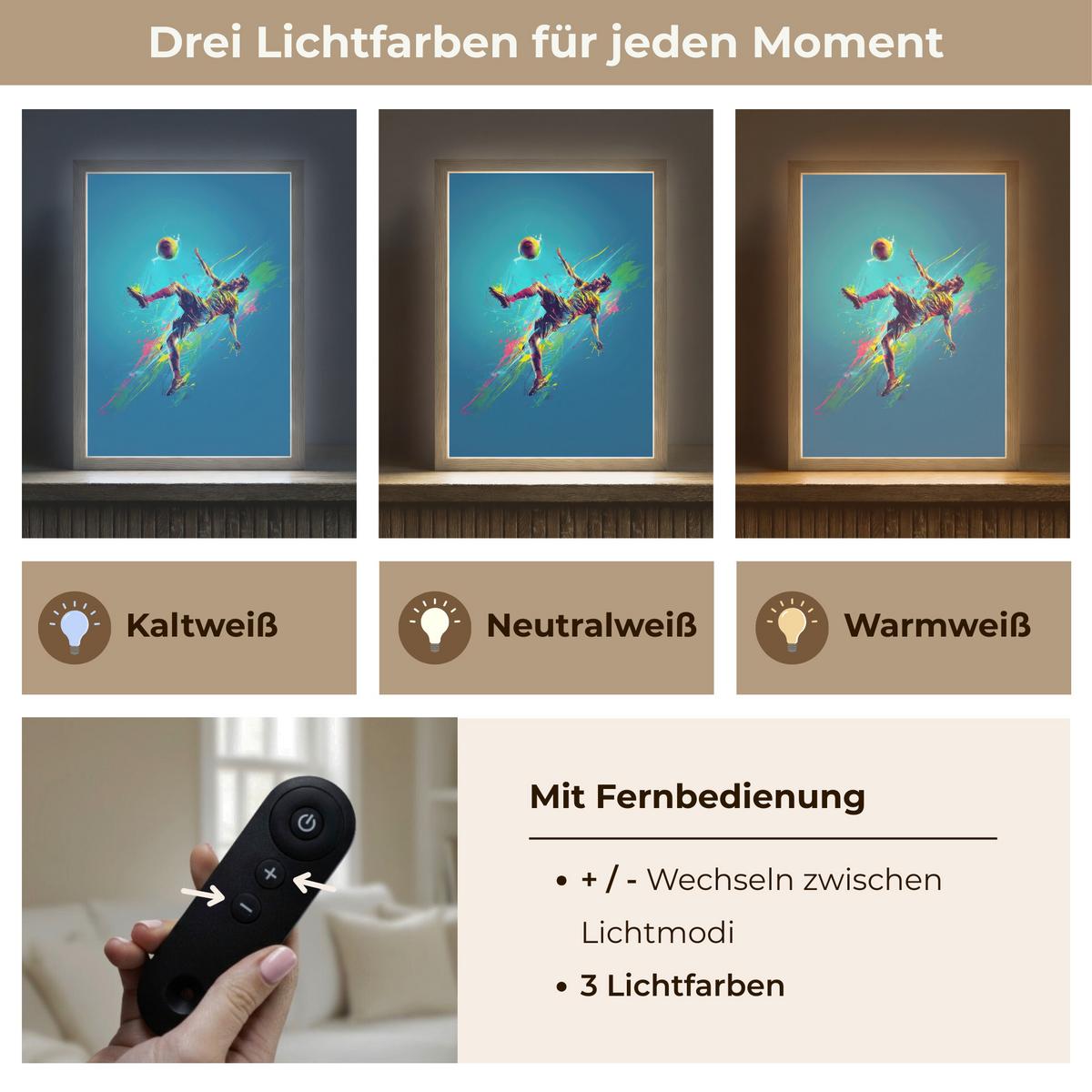 WANDLEUCHTE MIT AKKU Fußballer - Farbspritzer - Farbenfroh - Ball 30x40 cm - Blau, Holzwerkstoff (30/40/8cm) - OnlyWow