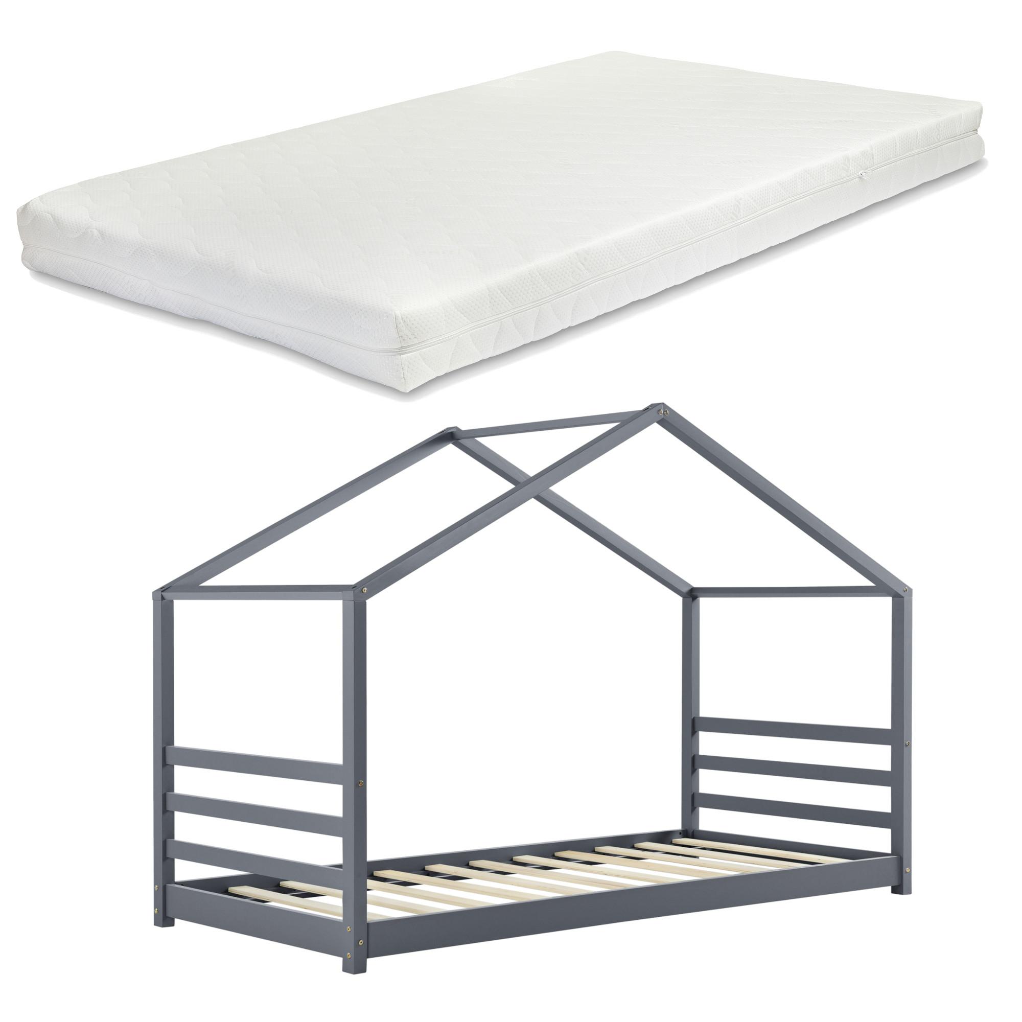 HAUSBETT Vardø mit Matratze - Dunkelgrau, Holz/Textil (90/200cm) - [en.casa]