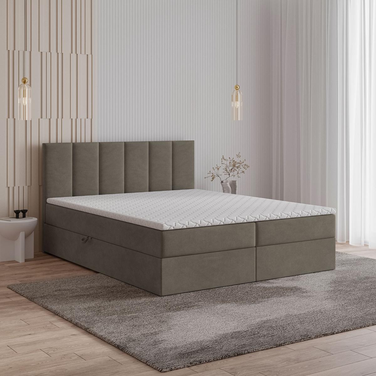BOXBETT MERIL 200x200 cm mit Matratze und Topper, H2+H3 - Braun - Braun, Holz (200/200cm) - MASSENO