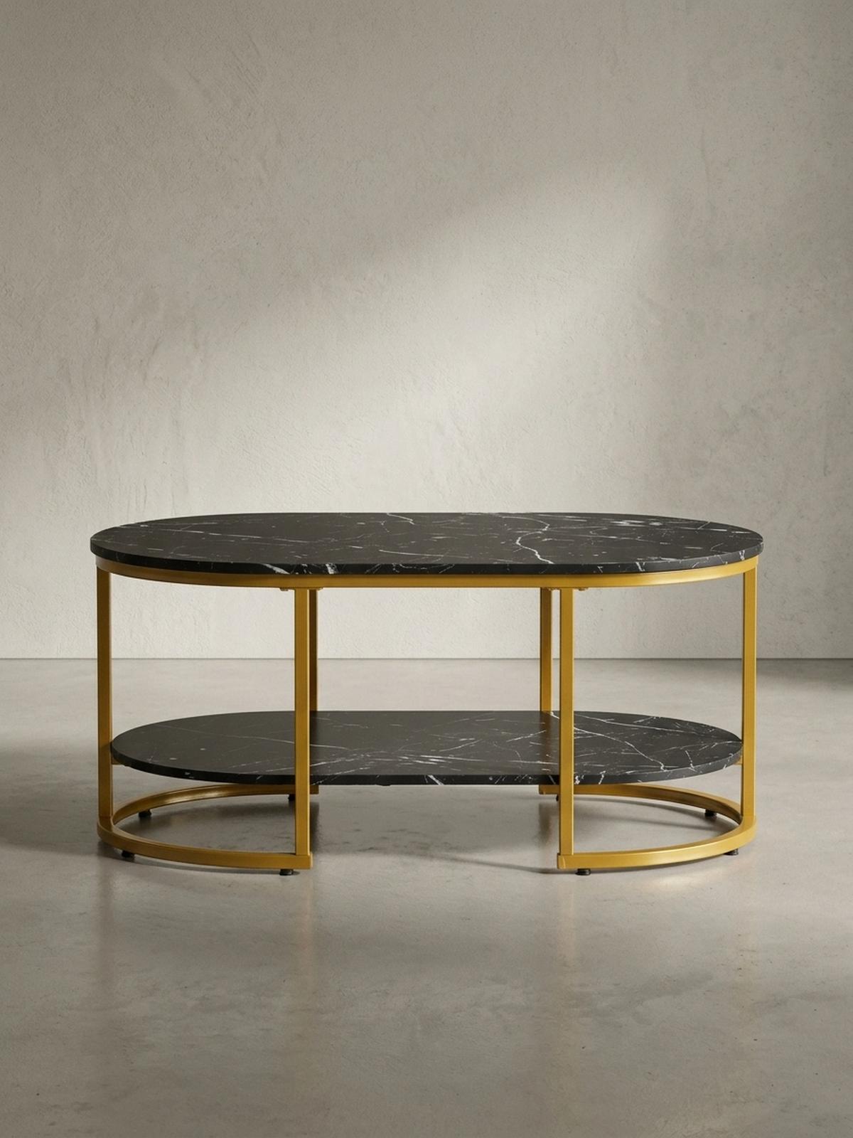 COUCHTISCH mit Marmor Optik, rechteckig, Ablage, goldenes Metallgestell, Schwarz 100x60x45 cm - Goldfarben/Schwarz, Holzwerkstoff/Metall (60/100/45cm) - KADIMA DESIGN