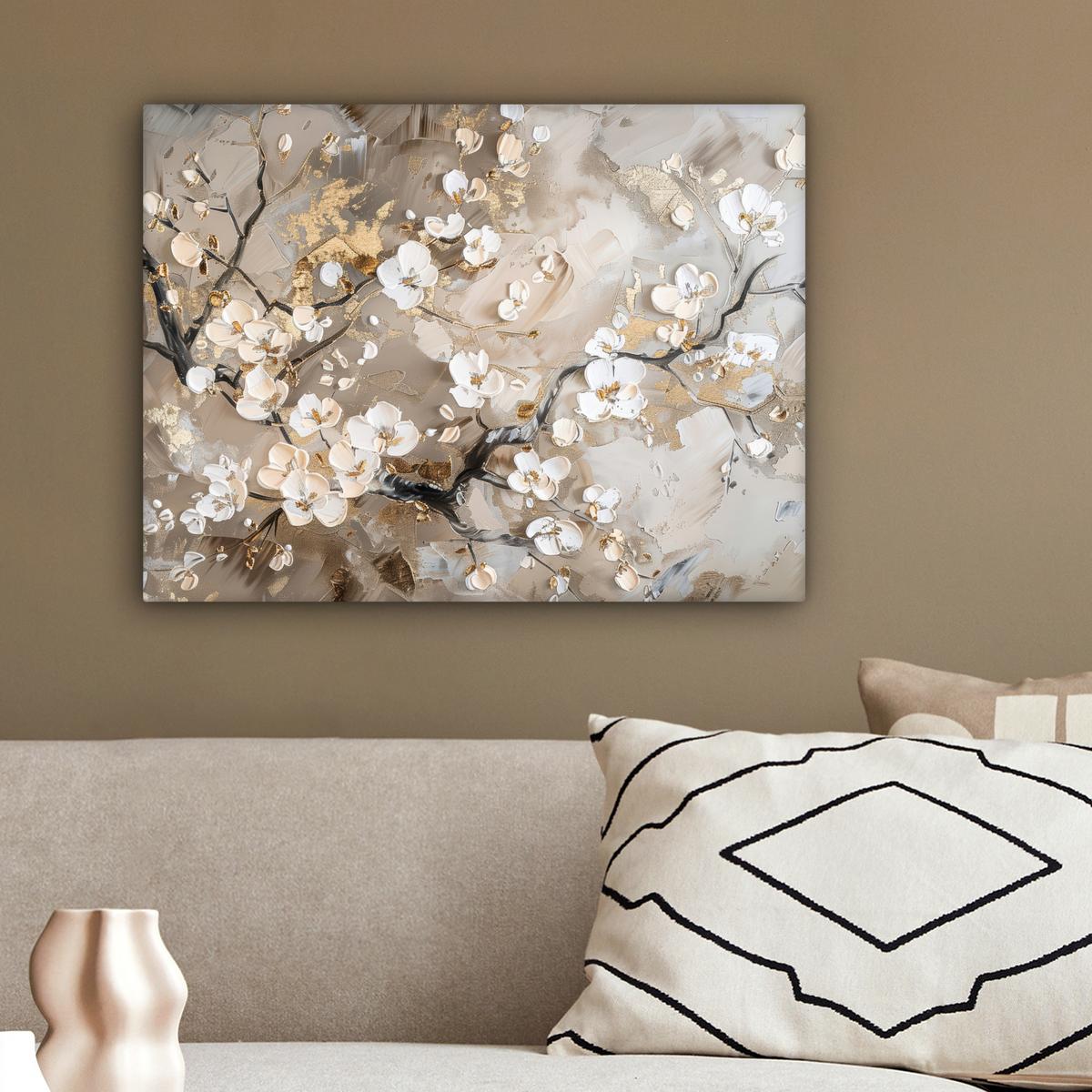 LEINWANDBILD Blumen - Weiß - Gold - Beige - Luxus Wandbild 40x30 cm - Greige, Textil (40/30cm) - MuchoWow