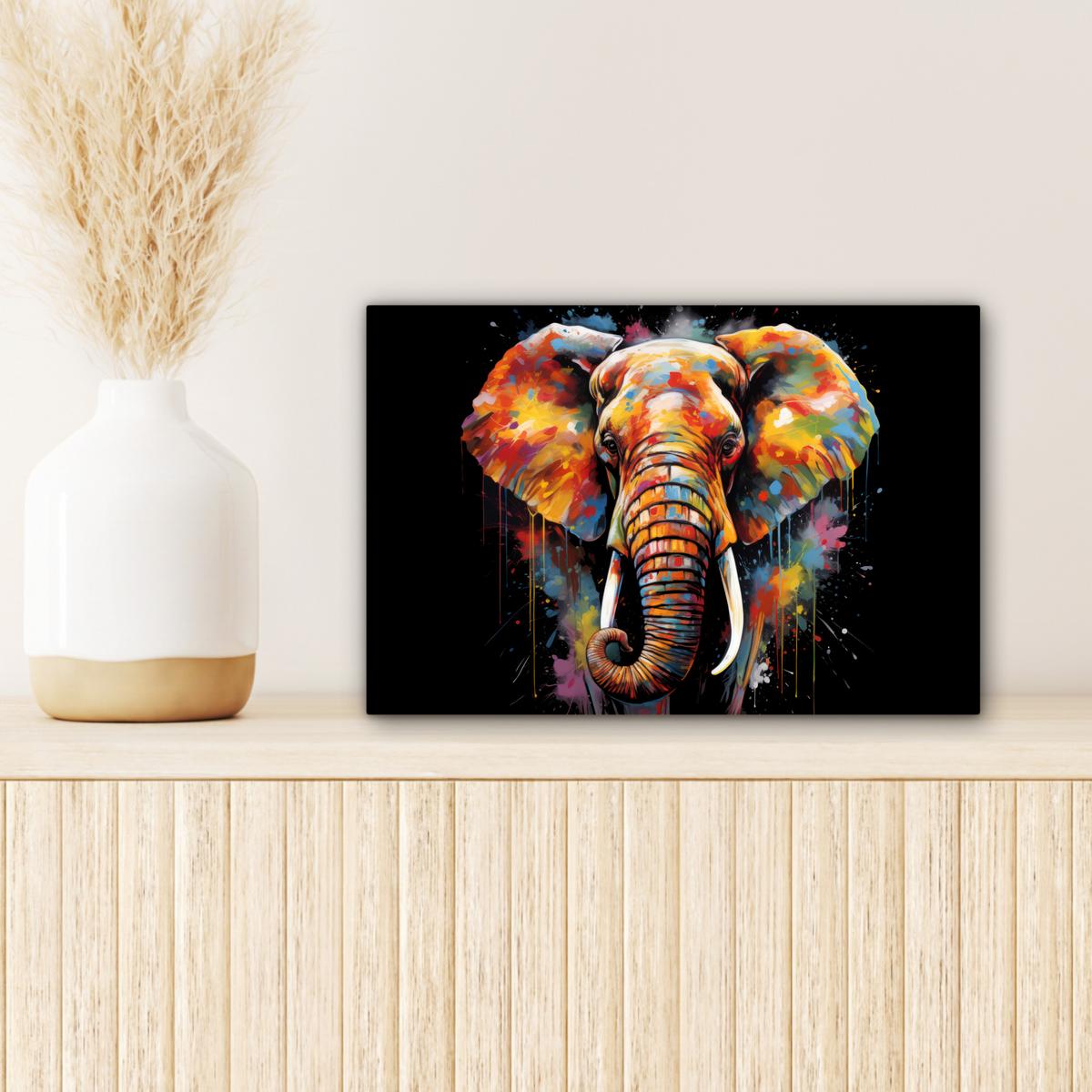LEINWANDBILD Elefant - Graffiti - Schwarz - Tiere - Farben Deko Schlafzimmer 30x20 cm - Schwarz, Textil (30/20cm) - MuchoWow