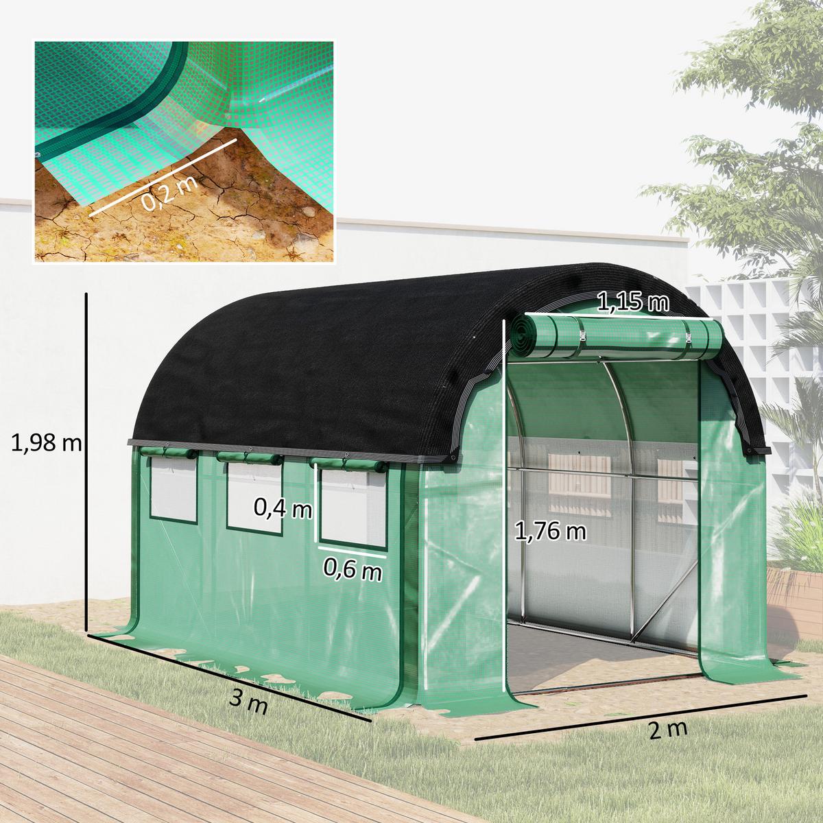 FOLIENTUNNEL, 300L x 200B x 198H cm - Grün, Kunststoff/Metall (200/198/300cm) - Outsunny