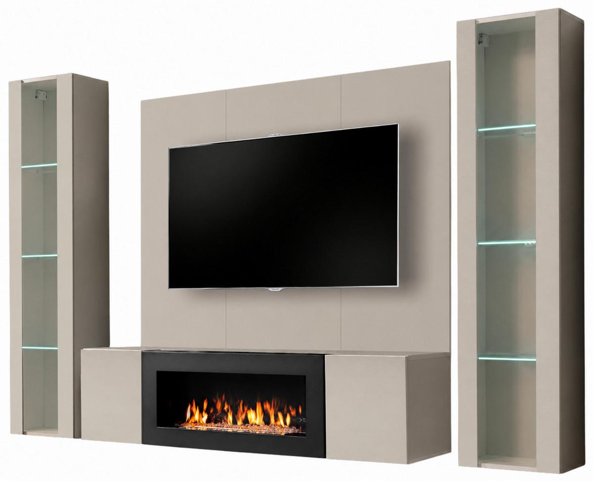 WOHNWAND Kaschmir 4-teilig 260 cm hängend, Schrankwand mit LED-Beleuchtung und Ethanol Kamin - Kaschmir, Glas/Holzwerkstoff (260/170/40cm) - Inn.Furn