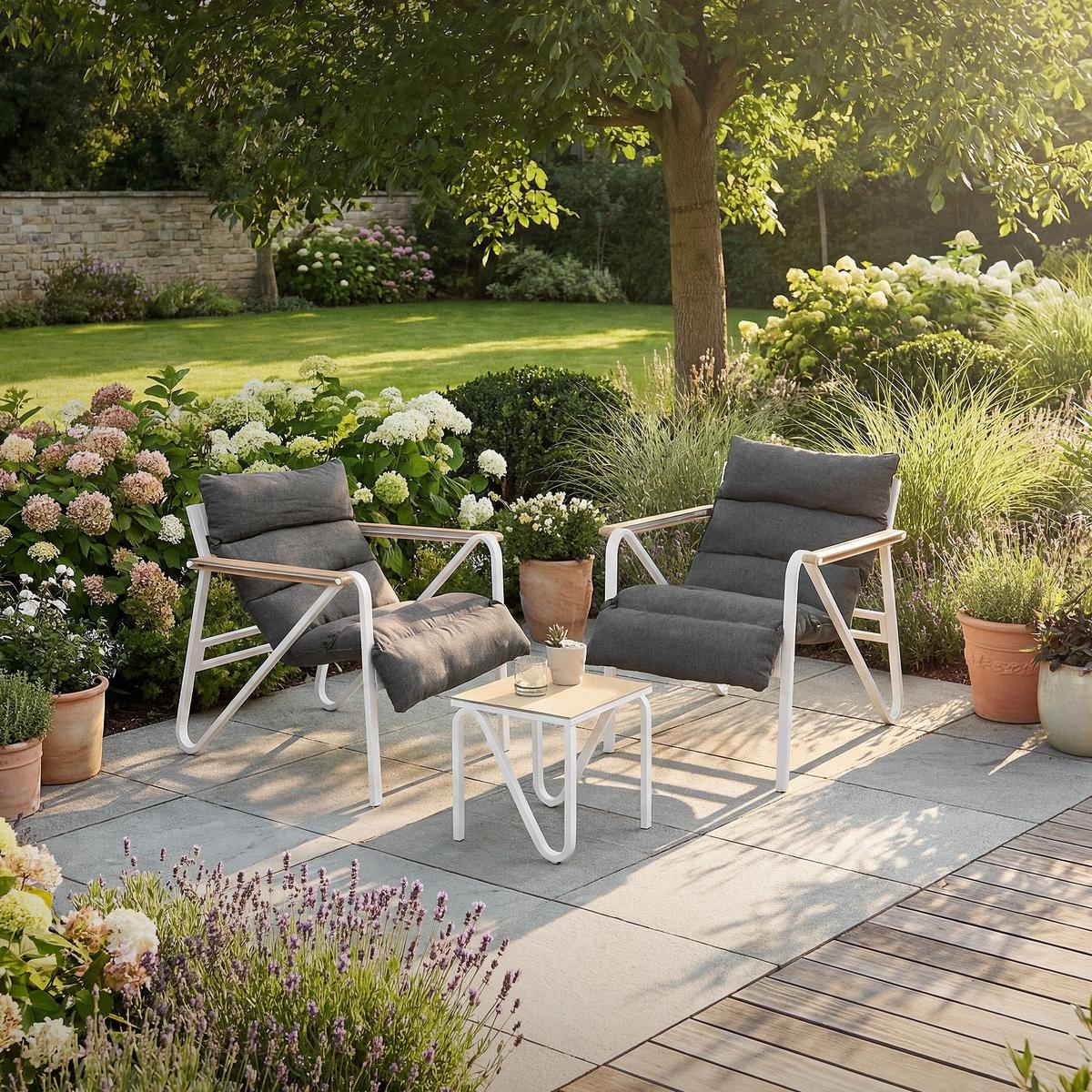 GARTENMÖBEL Set 3 tlg Weiß-Grau mit Stahlgestell - Anthrazit/Weiß, Textil/Metall - ML-DESIGN