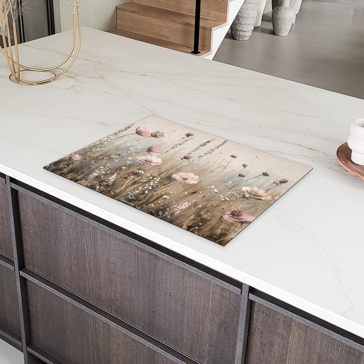 HERDABDECKPLATTE Blumen - Beige - Trockenblumen Herdabdeckung Induktionsfeld 75x52 cm - Beige, Kunststoff (75/52/0.2cm) - MuchoWow
