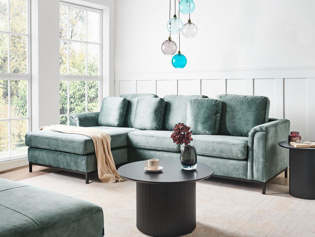 ECKSOFA 4-Sitzer Samtstoff Blaugrün rechtsseitig Oslo - Blau/Jadegrün, Textil (270/151cm) - Beliani