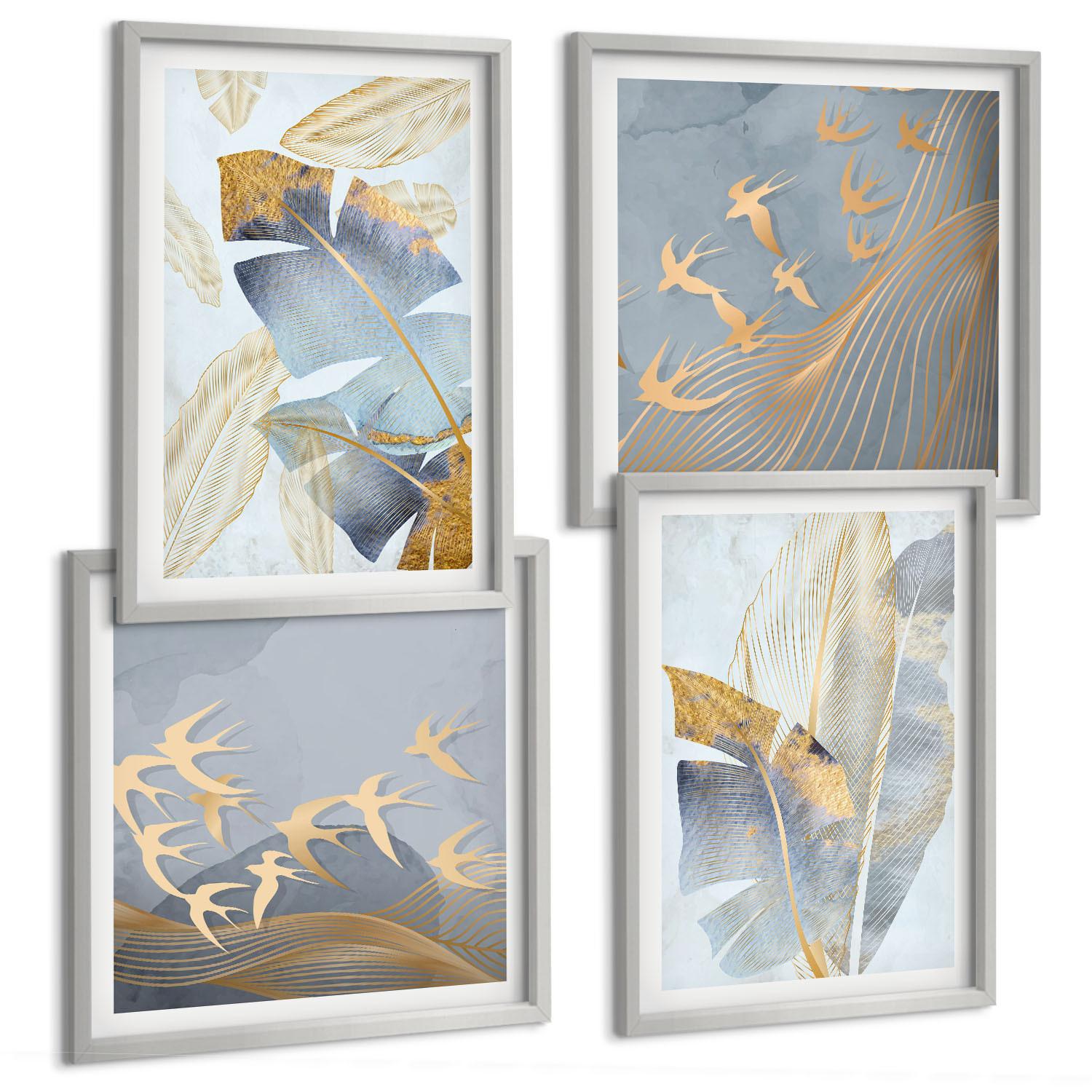 BILDER SET 4er Set - 50x50 cm & 40x60 cm Silberner Rahmen - Blaubeige Blätter im Hintergrund - Silberfarben, Kunststoff (50/50cm) - TULUP