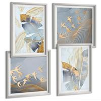 BILDER SET 4er Set - 50x50 cm & 40x60 cm Silberner Rahmen - Blaubeige Blätter im Hintergrund - Silberfarben, Kunststoff (50/50cm) - TULUP
