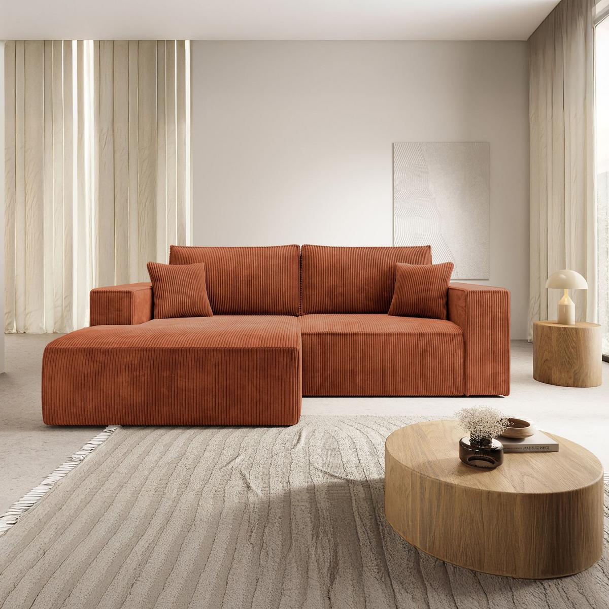 ECKSOFA Farese Mini mit Cordbezug Rostrot, links - Schwarz/Kupferfarben, Textil (240/167cm) - Selsey