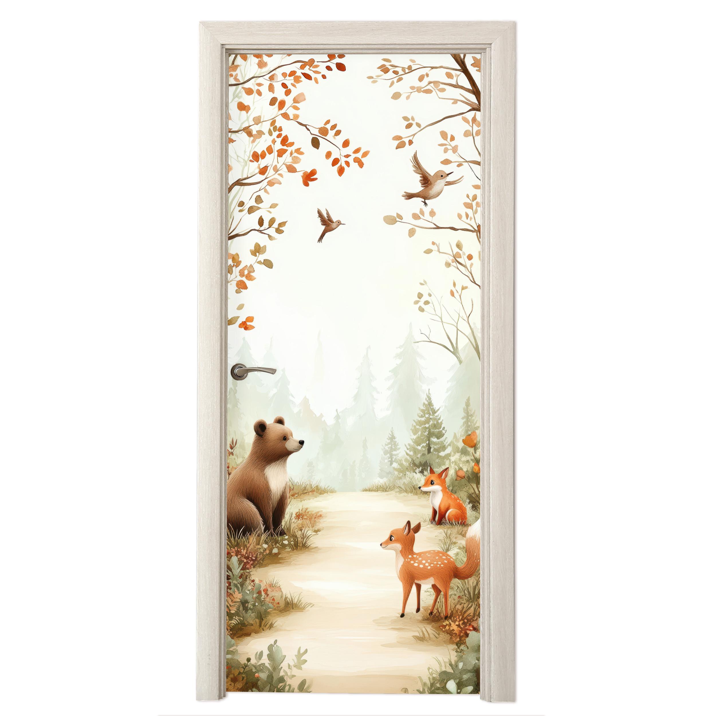 TÜRAUFKLEBER Wald - Herbst - Waldtiere - Bär - Fuchs Fototapete 75x205 cm - Türtapete - Kastanienfarben, Kunststoff (75/0.1cm) - MuchoWow