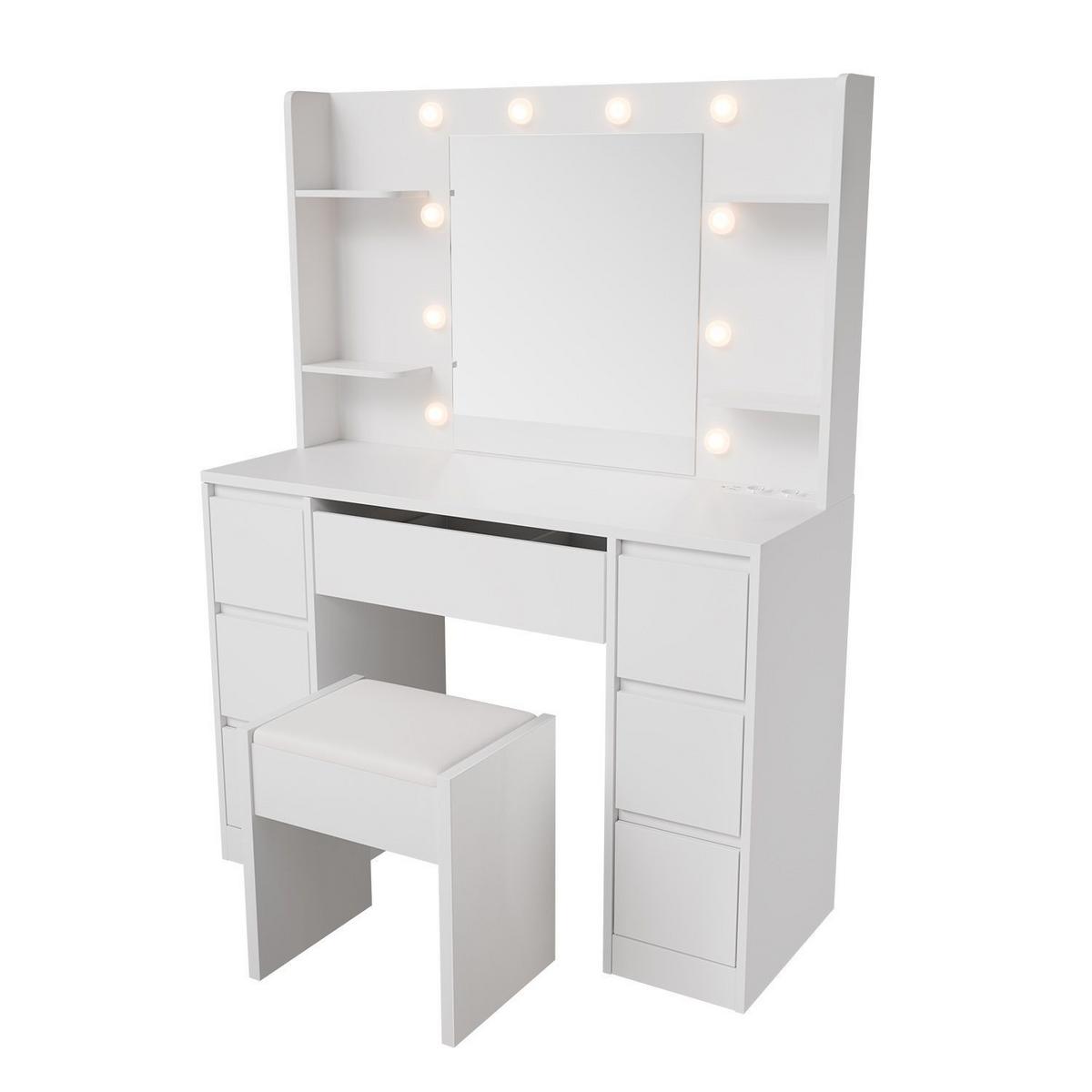 SCHMINKTISCH Malia mit LED und Hocker Melly - Weiß, Holz (107/140/40cm) - Juskys