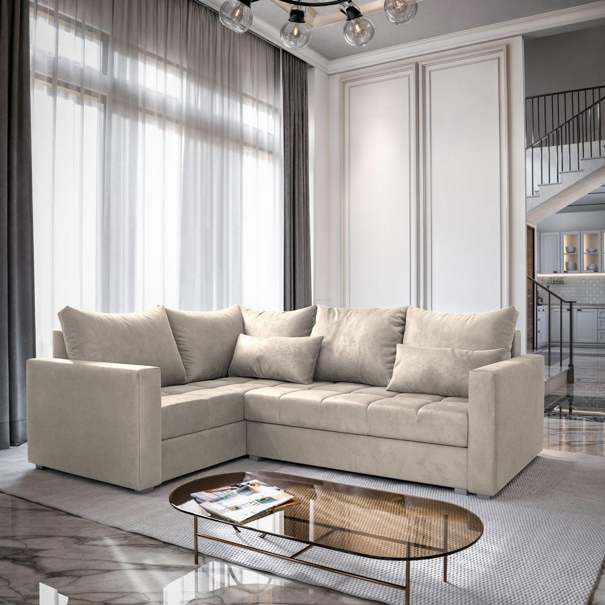 ECKSOFA LIRENO L-S Beige Plüsch-Stoff mit Schlaffunktion - Beige/Grau, Holz/Kunststoff (220/153cm) - MASSENO