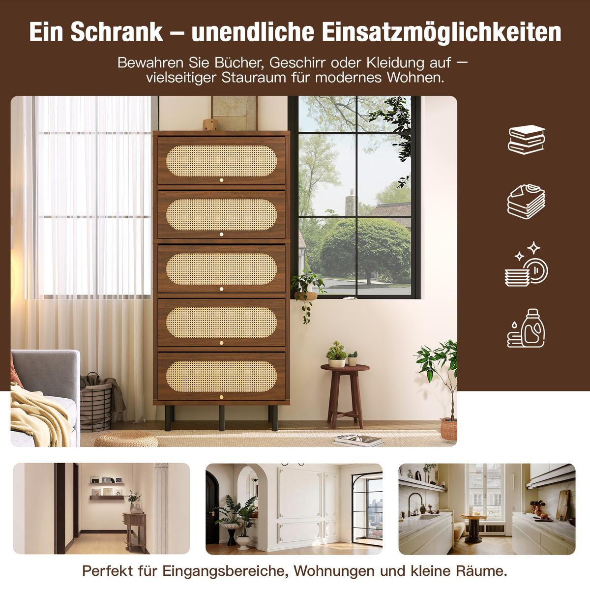 BUFFETSCHRANK Nussbaum & Rattan, 5 Klappen, Metallbeine - Walnussfarben, Holz (80/163/40cm) - Urban Meuble