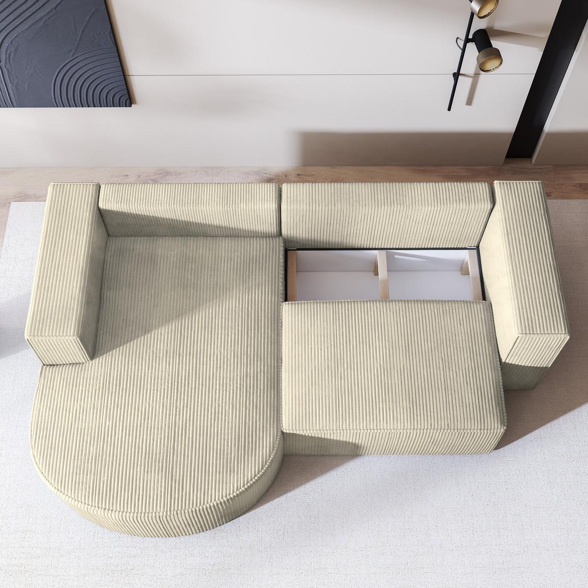 ECKSOFA SORELA P L-S Creme Kordstoff mit Schlaffunktion - Creme, Holz (263/174cm) - MASSENO