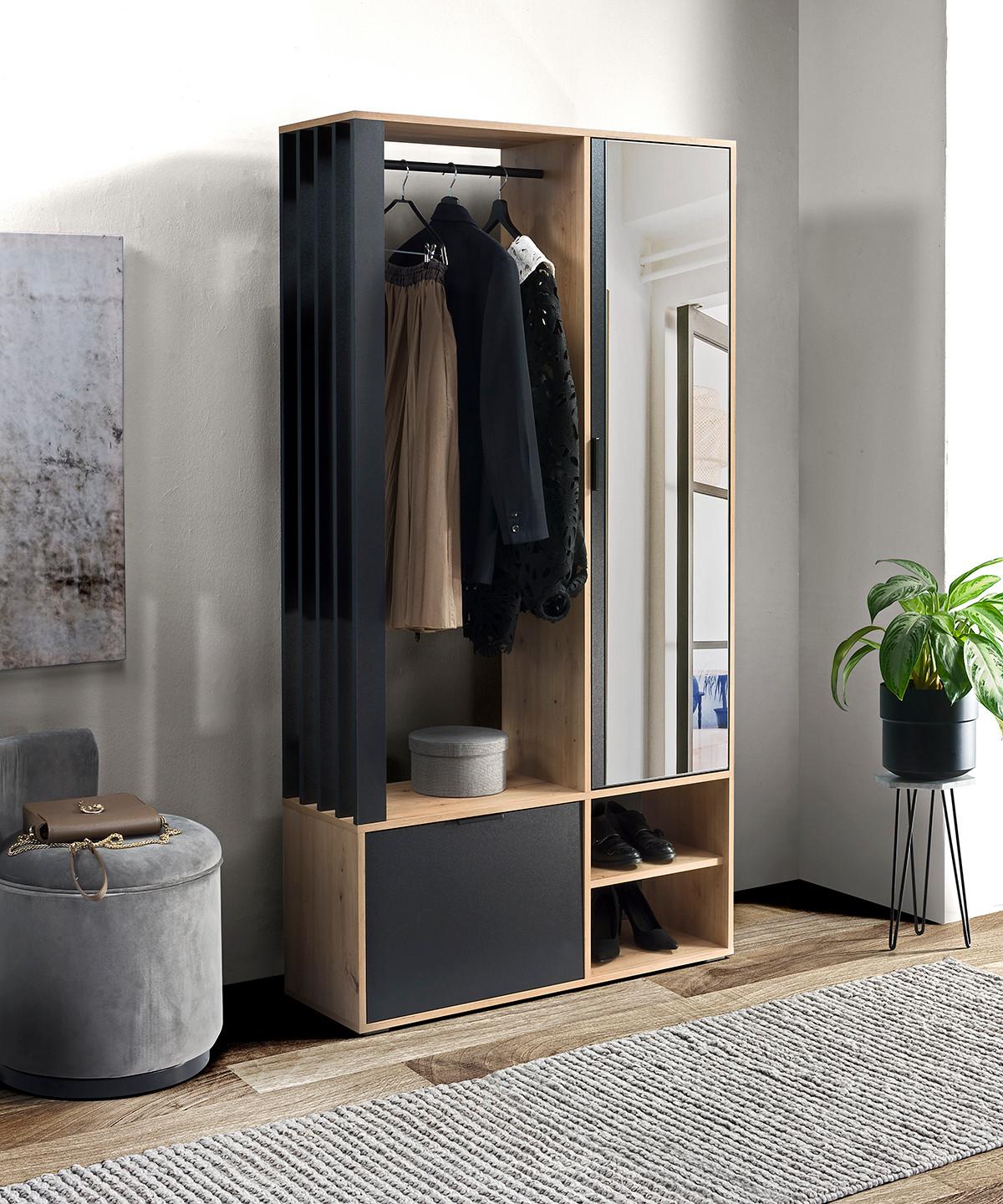 GARDEROBENSCHRANK Milanoir Eiche Artisan Schwarz 100/189,4/33 cm - Modern mit Spiegel - Hellbraun/Schwarz, Holzwerkstoff/Kunststoff (100/189.4/33cm) - AX Living