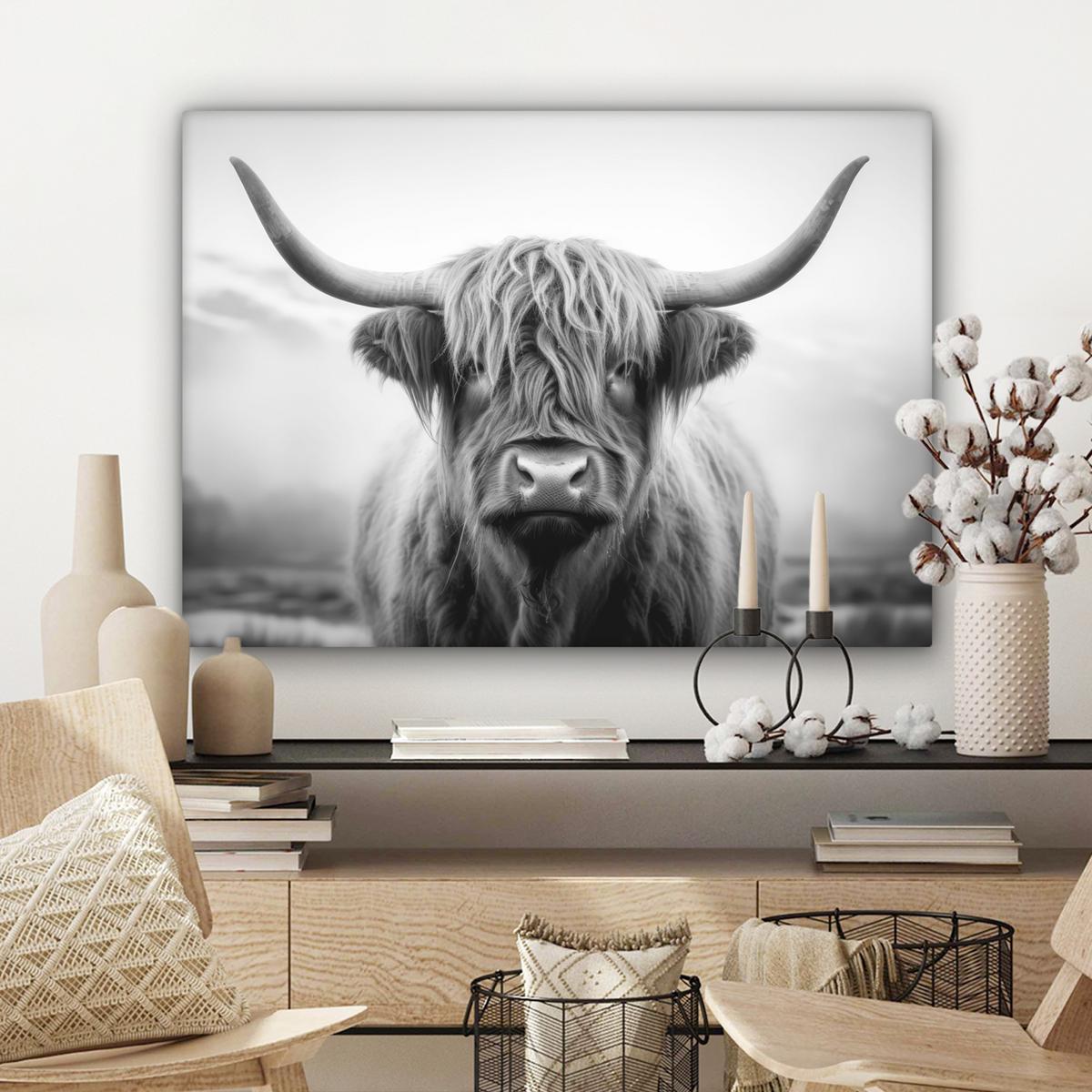 LEINWANDBILD Schottischer Highlander - Nebel - Schwarz - Weiß Wandbilder 80x60 cm - Grau, Textil (80/60cm) - MuchoWow