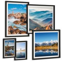 BILDER SET 5er Set - 50x50 cm & 20x30 cm & 40x60 cm Schwarzer Rahmen - Ausblicke auf die Natur, Leuchtturm, Berge - Schwarz, Kunststoff (40/60cm) - TULUP